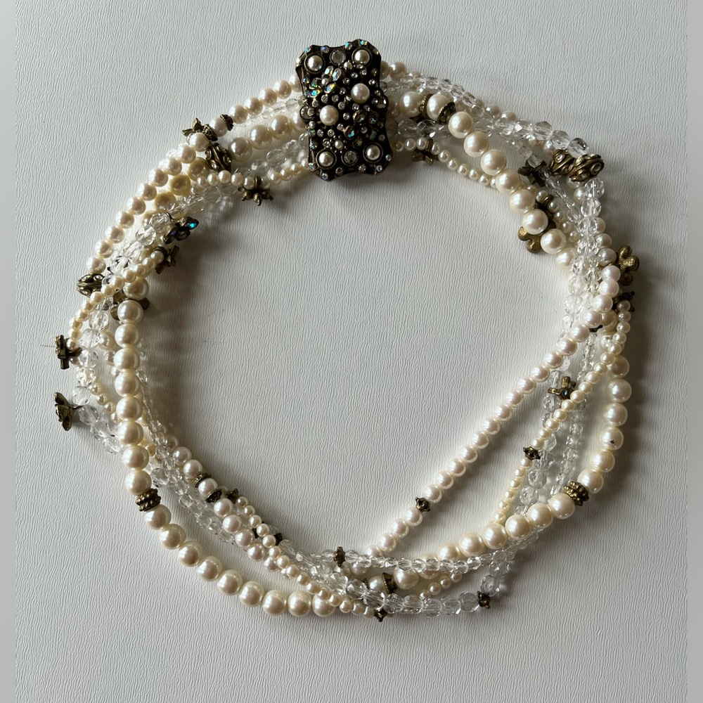 SWEET ROMANCE five strand faux pearl, brass and crystal collar necklace.